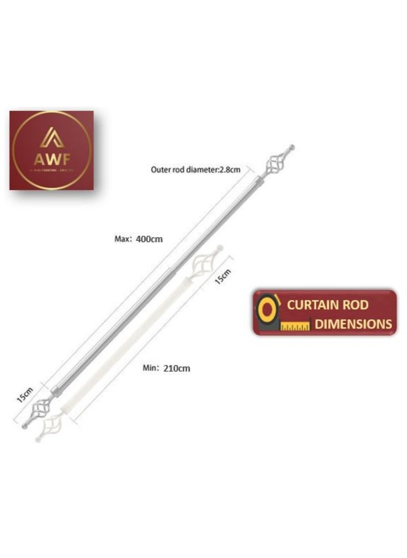 AL WADI FURNITURE Roman Pole Style Heavy Duty Luxury Extendable Curtain Rod, Metal Single Rod Finials Decorative End Window Treatment Rod Drapery Rod (WHITE, 200 – 400 cm)  - Image 2