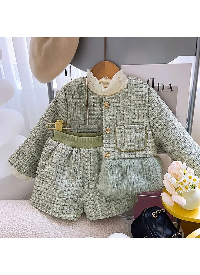 LITTLE SURPRISE BOX Olive Fur Trim 2 pcs top & shorts Tweed Winterwear set for Girls