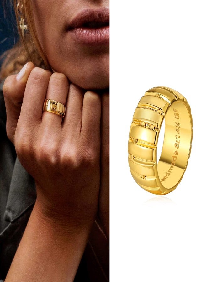 MYEARS Women Ring Gold Pumpkin Chunky Croissant Ribbed Band 14K Gold Vacuum Filled Simple Stack Finger Jewelry Gift Size 8 - Image 3