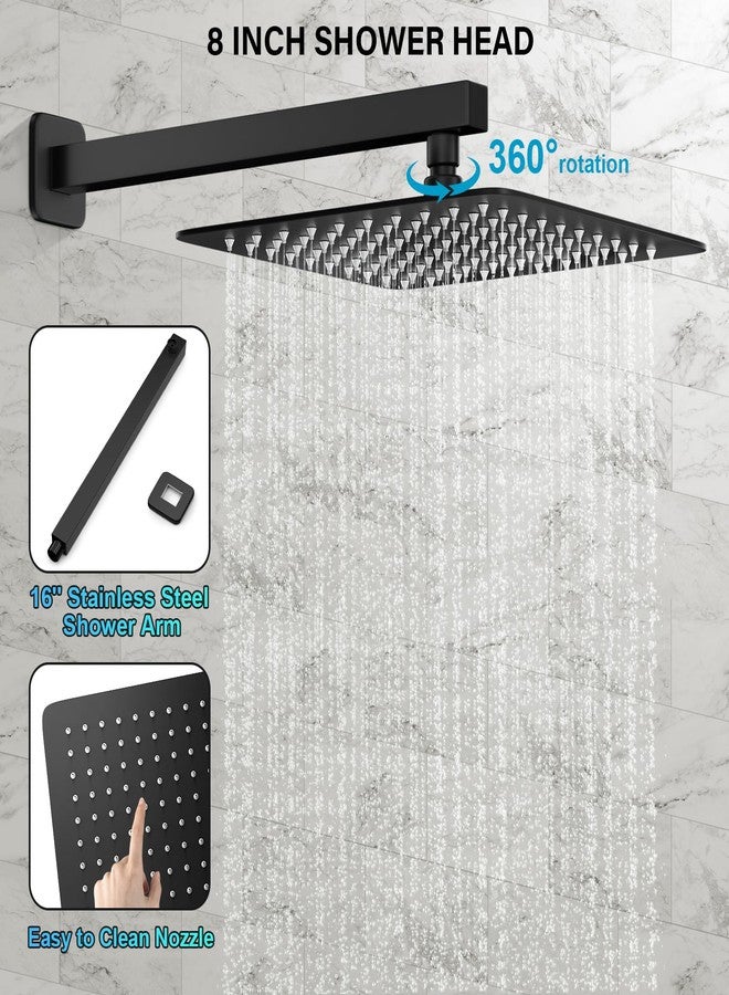 FPXRNG Black Shower Faucet Set, Rainfall Shower System with Square Shower Head and Handle Set, Wall Mounted Shower Fixtures, Full Metal Trim Repair Kit 8 inch Matte Black (With Shower Valve) - Image 4