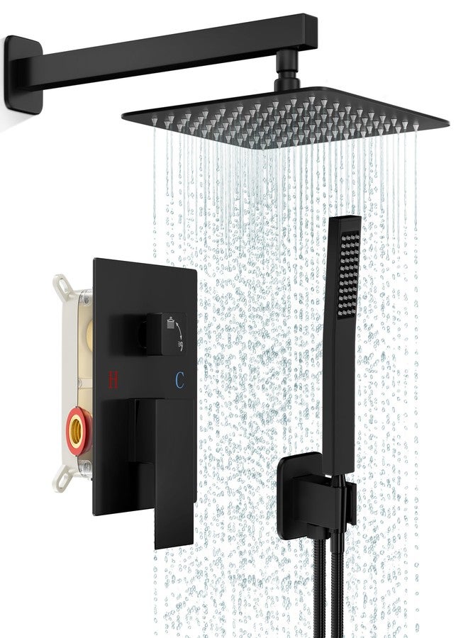 FPXRNG Black Shower Faucet Set, Rainfall Shower System with Square Shower Head and Handle Set, Wall Mounted Shower Fixtures, Full Metal Trim Repair Kit 8 inch Matte Black (With Shower Valve) - Image 1