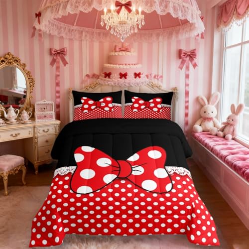 Homewish Bowknot Comforter Set Queen SizeWhite Dots Bedding Set 3pcs for Kids Teens Girls Boys Room DecorRomantic Princess Style Quilt Set Red and Black Duvet Insert with 2 Pillowcases - Image 3