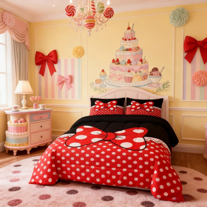 Homewish Bowknot Comforter Set Queen SizeWhite Dots Bedding Set 3pcs for Kids Teens Girls Boys Room DecorRomantic Princess Style Quilt Set Red and Black Duvet Insert with 2 Pillowcases - Image 2