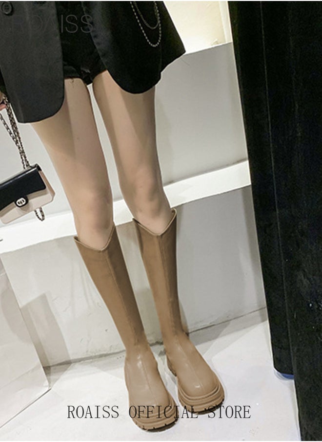 roaiss Women Knee-High Boots Lightweight and Breathable Thick-Soled Elevating Fashionable and Versatile Solid Color  - Image 1