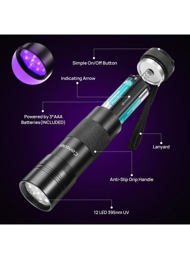 Consciot UV Flashlight Black Light, 12 LED 395nm Ultraviolet Blacklight, Portable Mini Torch Light Pet Urine Detector for Dog/Cat Urine, Dry Stains, Bed Bug, Matching with Pet Odor Eliminator - Image 2