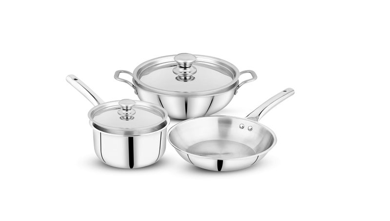 Pigeon Trinity Triply 5 Pc Stainless Steel Cookware Set - Kadai 2.1 LTR with Lid | Fry Pan 1.2Ltr | Saucepan 1.7Ltr with Lid |Induction & Gas Stove Compatible | ISI Certified. - Image 5