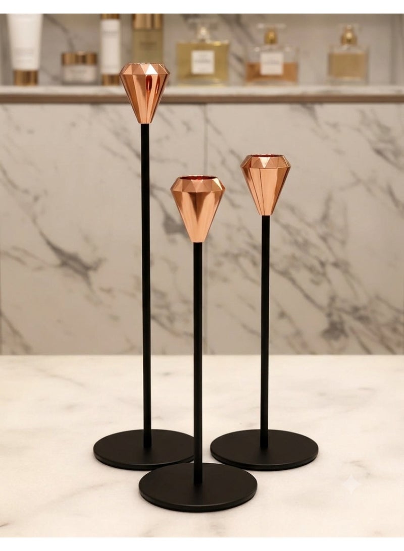 Set of 3 Rose Gold & Black Diamond Candlestick Holders – Modern Metal Taper Candle Stands for Dining Table & Home Decor