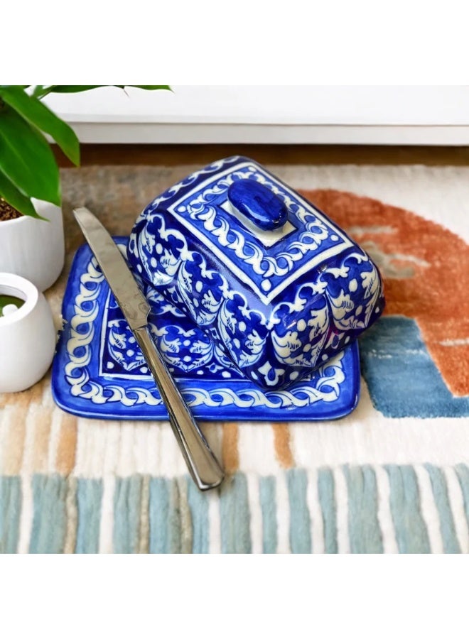 Arraish Zahriya Ceramic Butter Dish – 6" x 5" Plate with Lid – Ocean Blue Hand-Painted Pattern – Dishwasher Safe – Traditional Multani Design  - Image 3