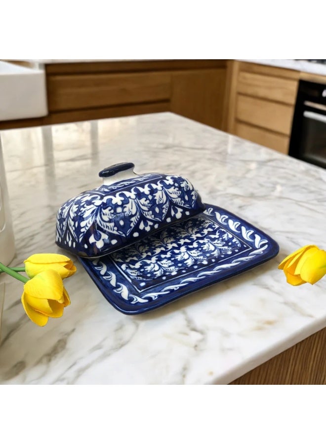 Arraish Zahriya Ceramic Butter Dish – 6" x 5" Plate with Lid – Ocean Blue Hand-Painted Pattern – Dishwasher Safe – Traditional Multani Design  - Image 2