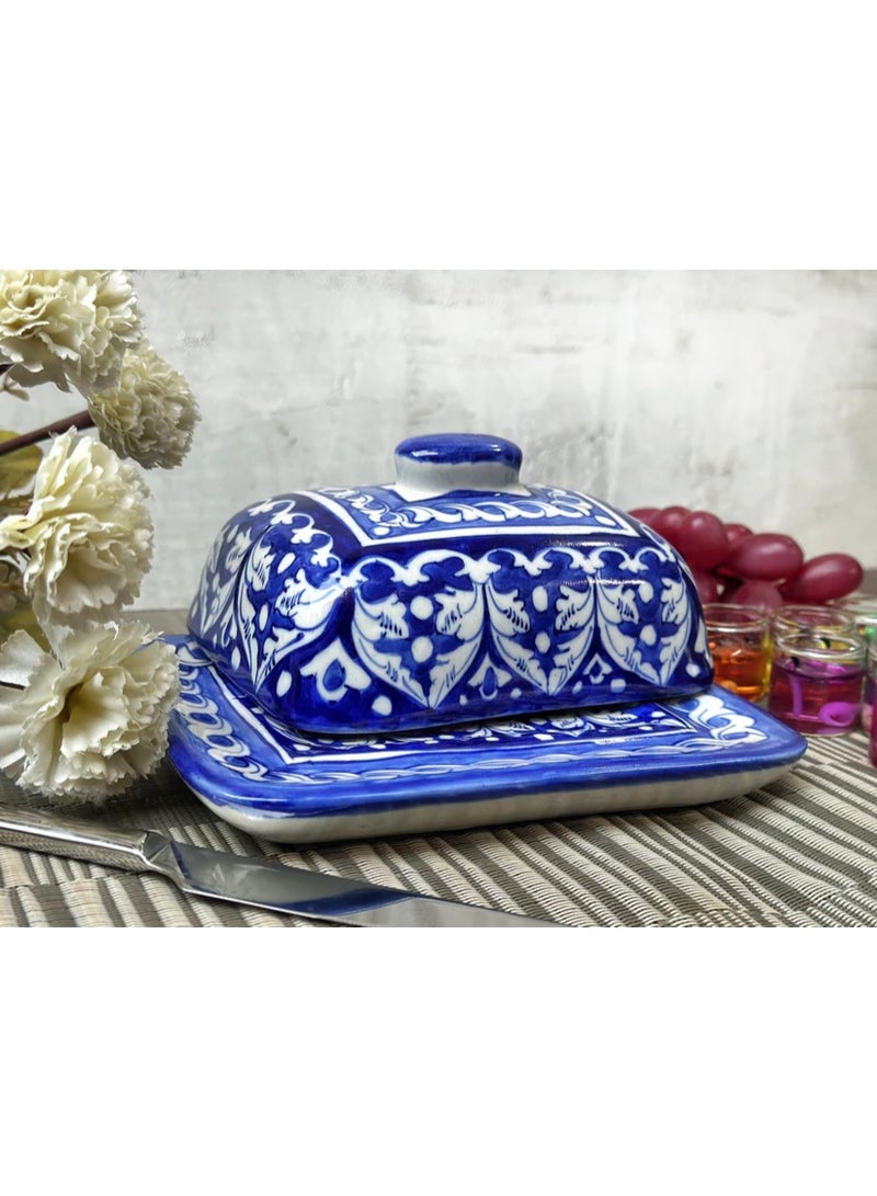 Arraish Zahriya Ceramic Butter Dish – 6" x 5" Plate with Lid – Ocean Blue Hand-Painted Pattern – Dishwasher Safe – Traditional Multani Design  - Image 1