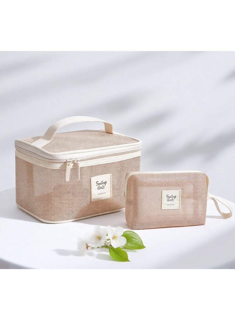 هدية رمضان العملية · حافظة مكياج ومستحضرات تجميل شبكية ناعمة بنية، منظم محمول خفيف الوزن بمقبض وسحاب، للنساء - Image 2