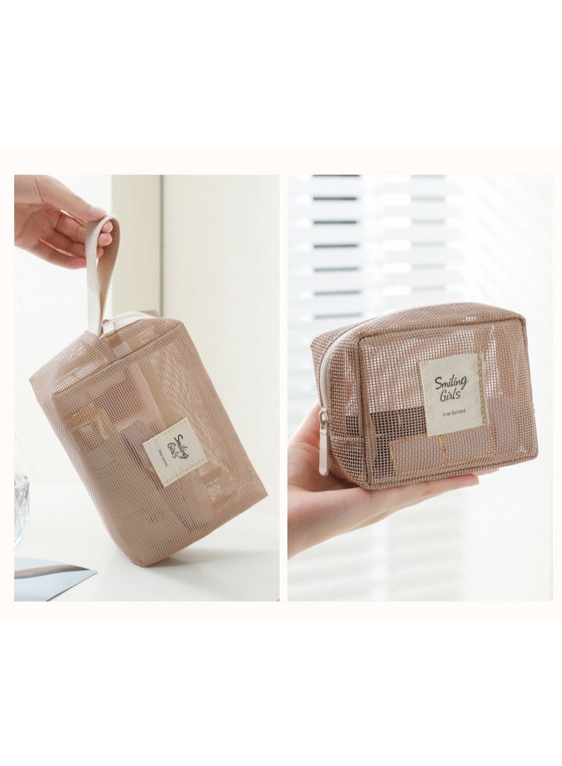 هدية رمضان العملية · حافظة مكياج ومستحضرات تجميل شبكية ناعمة بنية، منظم محمول خفيف الوزن بمقبض وسحاب، للنساء - Image 4