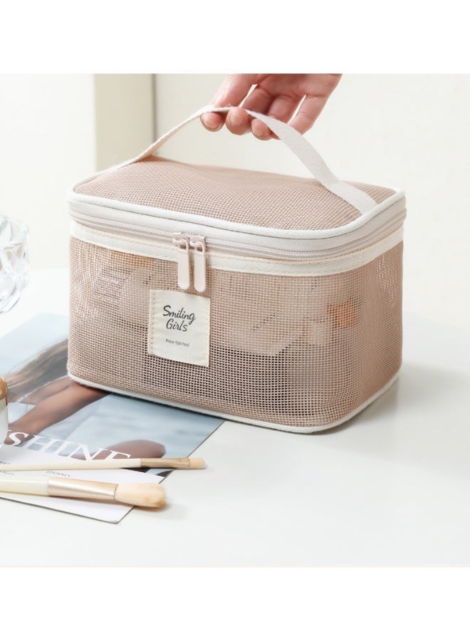 هدية رمضان العملية · حافظة مكياج ومستحضرات تجميل شبكية ناعمة بنية، منظم محمول خفيف الوزن بمقبض وسحاب، للنساء - Image 3