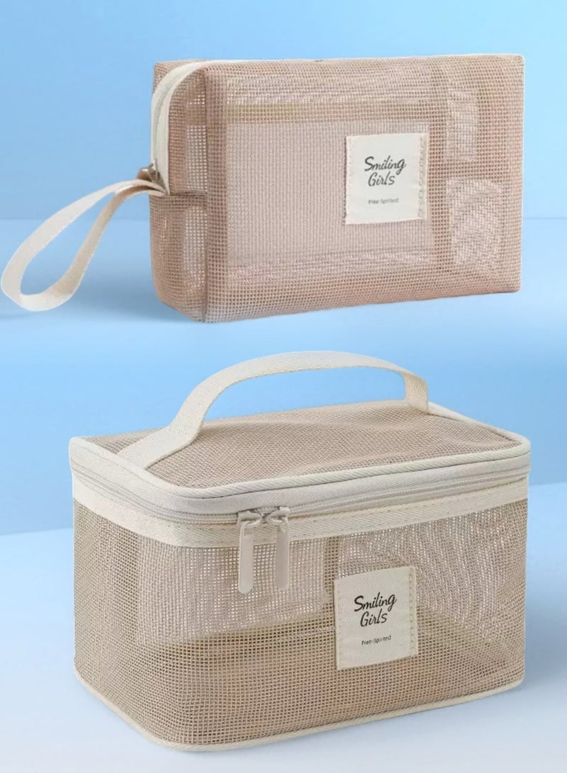 هدية رمضان العملية · حافظة مكياج ومستحضرات تجميل شبكية ناعمة بنية، منظم محمول خفيف الوزن بمقبض وسحاب، للنساء - Image 1