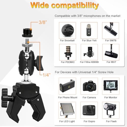 Khazylorr Mic Crab Clamp Microphone Mount, Desk Pipe Pole Clamp Mic Mount with Dual Ball Head Adjustment 1/4" to 5/8" Thread, Fits Mic Stand, Drum Stand, Desktop Shelf - Image 5