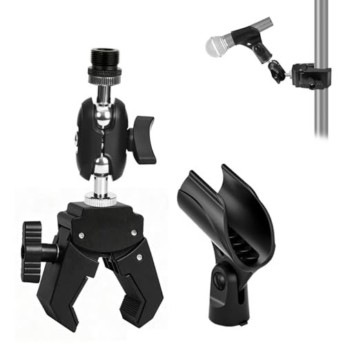 Khazylorr Mic Crab Clamp Microphone Mount, Desk Pipe Pole Clamp Mic Mount with Dual Ball Head Adjustment 1/4" to 5/8" Thread, Fits Mic Stand, Drum Stand, Desktop Shelf - Image 1