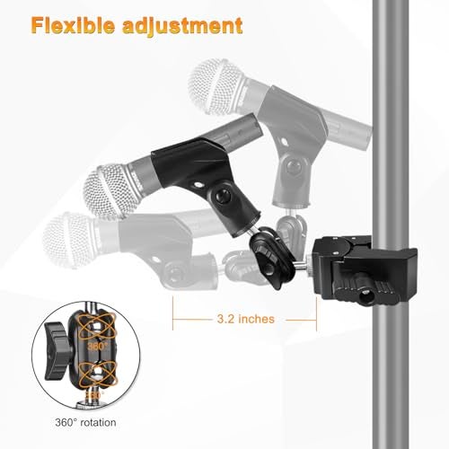 Khazylorr Mic Crab Clamp Microphone Mount, Desk Pipe Pole Clamp Mic Mount with Dual Ball Head Adjustment 1/4" to 5/8" Thread, Fits Mic Stand, Drum Stand, Desktop Shelf - Image 2