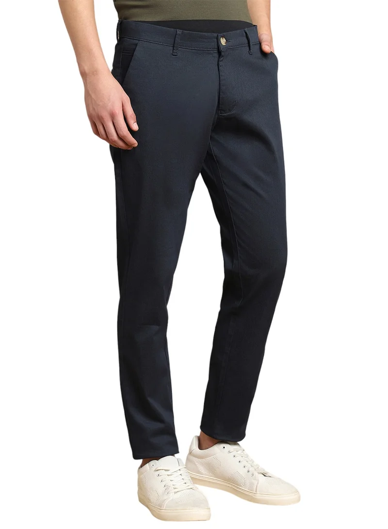 Dennis Lingo Navy Casual Trousers for Men, Slim Fit, Cotton Lycra