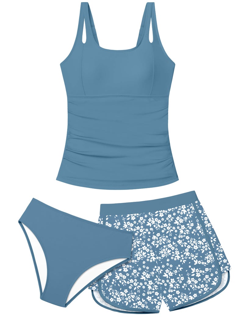 Aulyffo Bathing Suits for Tweens 12-14 Teen Swimsuits for Girl 12-14 Girls Tankini Swimsuit Sets Ruched Swim Tank Top with Bottoms and Boyshorts 3PCS Girls' Swimwear Blue - Image 1