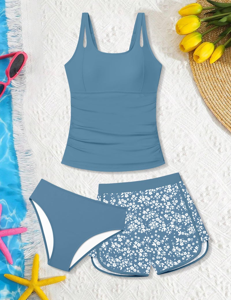 Aulyffo Bathing Suits for Tweens 12-14 Teen Swimsuits for Girl 12-14 Girls Tankini Swimsuit Sets Ruched Swim Tank Top with Bottoms and Boyshorts 3PCS Girls' Swimwear Blue - Image 5