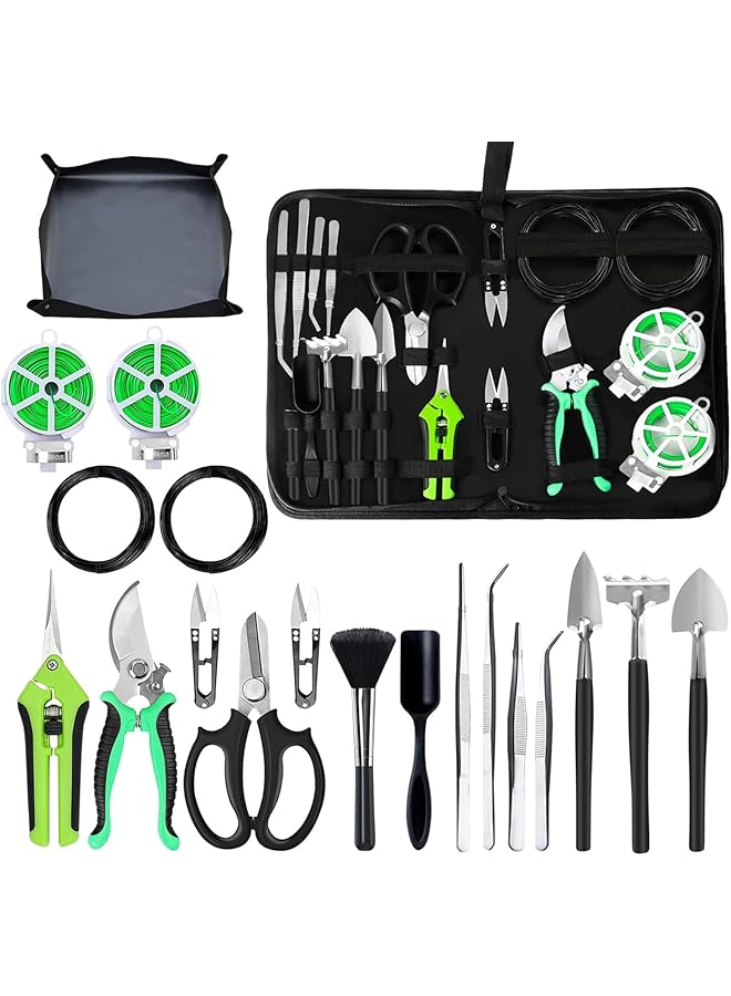 promass Bonsai Tools Kit 20 Pcs Garden Tools Set for Beginner, Includes Bonsai Wire Kit, Plant Mat, Pruning Shears, Bonsai Scissors, Succulent Tools in Leather Storage Bag, Gardening Gift for Women Men - Image 1