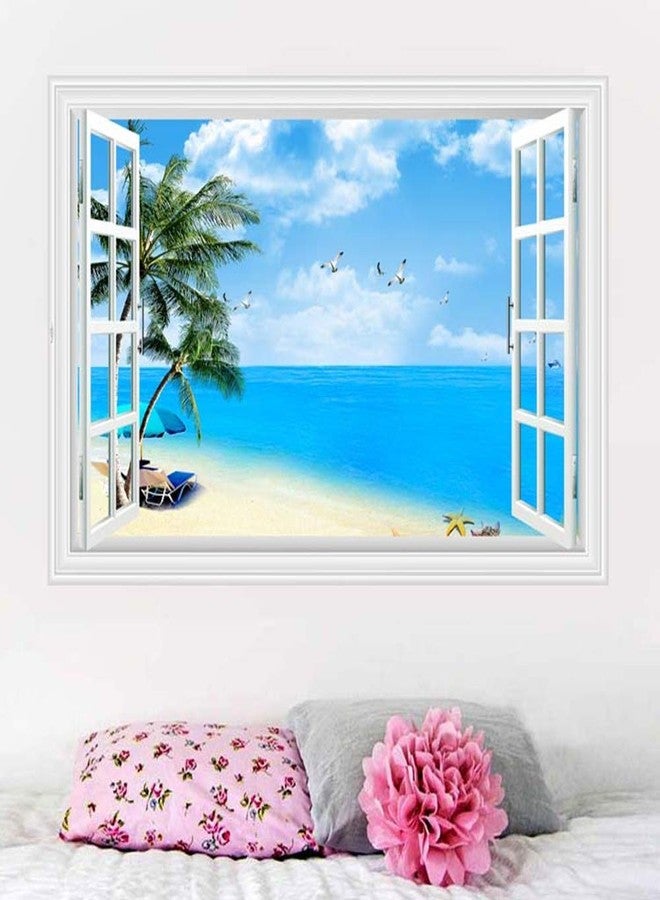Kiddale Mendom Fake Windows Wall Sticker, Removable 3D Beach Seascape Faux Windows Wall Decals for Bedroom Living Room Decoration,24"x18" - Image 2