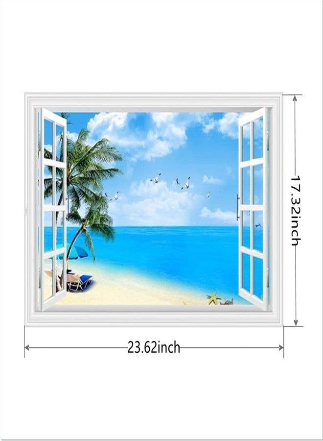 Kiddale Mendom Fake Windows Wall Sticker, Removable 3D Beach Seascape Faux Windows Wall Decals for Bedroom Living Room Decoration,24"x18" - Image 3