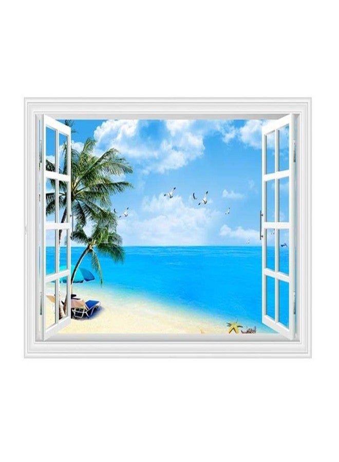 Kiddale Mendom Fake Windows Wall Sticker, Removable 3D Beach Seascape Faux Windows Wall Decals for Bedroom Living Room Decoration,24"x18" - Image 1