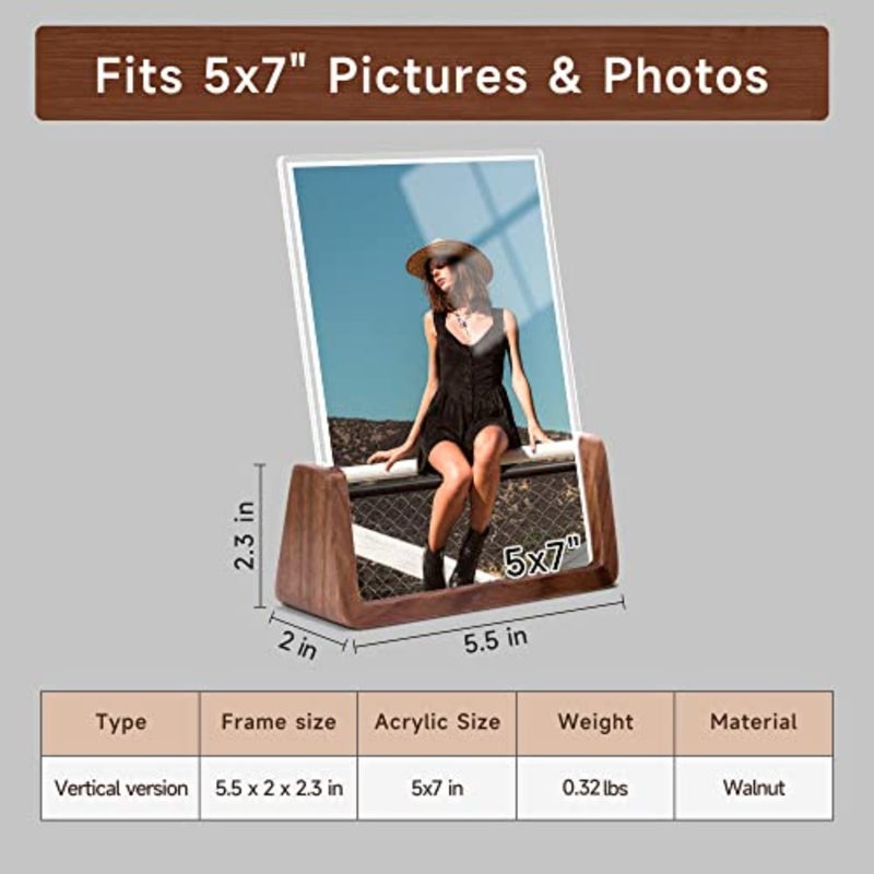 5x7 Picture Frames, Solid Rustic Wooden Photo Frames with Walnut Wood Base and High Definition Acrylic Glass Covers for Tabletop or Desktop Display - Image 2