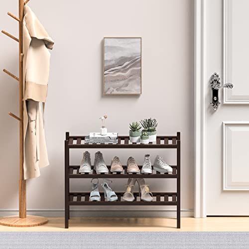 ROMGUAR CRAFT 3 Tier (Thick) Bamboo Shoe Rack for Closet Free Standing Wood Shoe Shelf for Entryway Small Space Stackable 27"x12"x21" (Black Brown) - Image 2