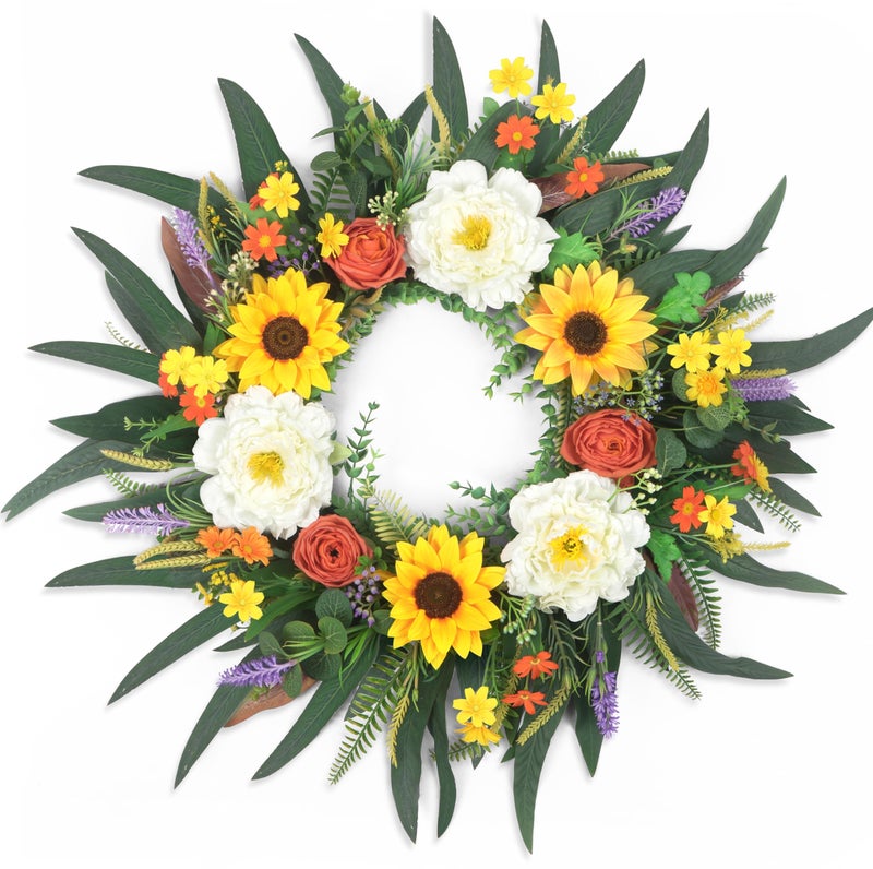 LOKEISNA 26 Inch Sunflower Wreath Decor, 26 Inch Peony Eucalyptus Summer Wreaths for Front Door Farmhouse Home Decor, Bright Handmade Decoration Gift from Spring to Fall - Image 1