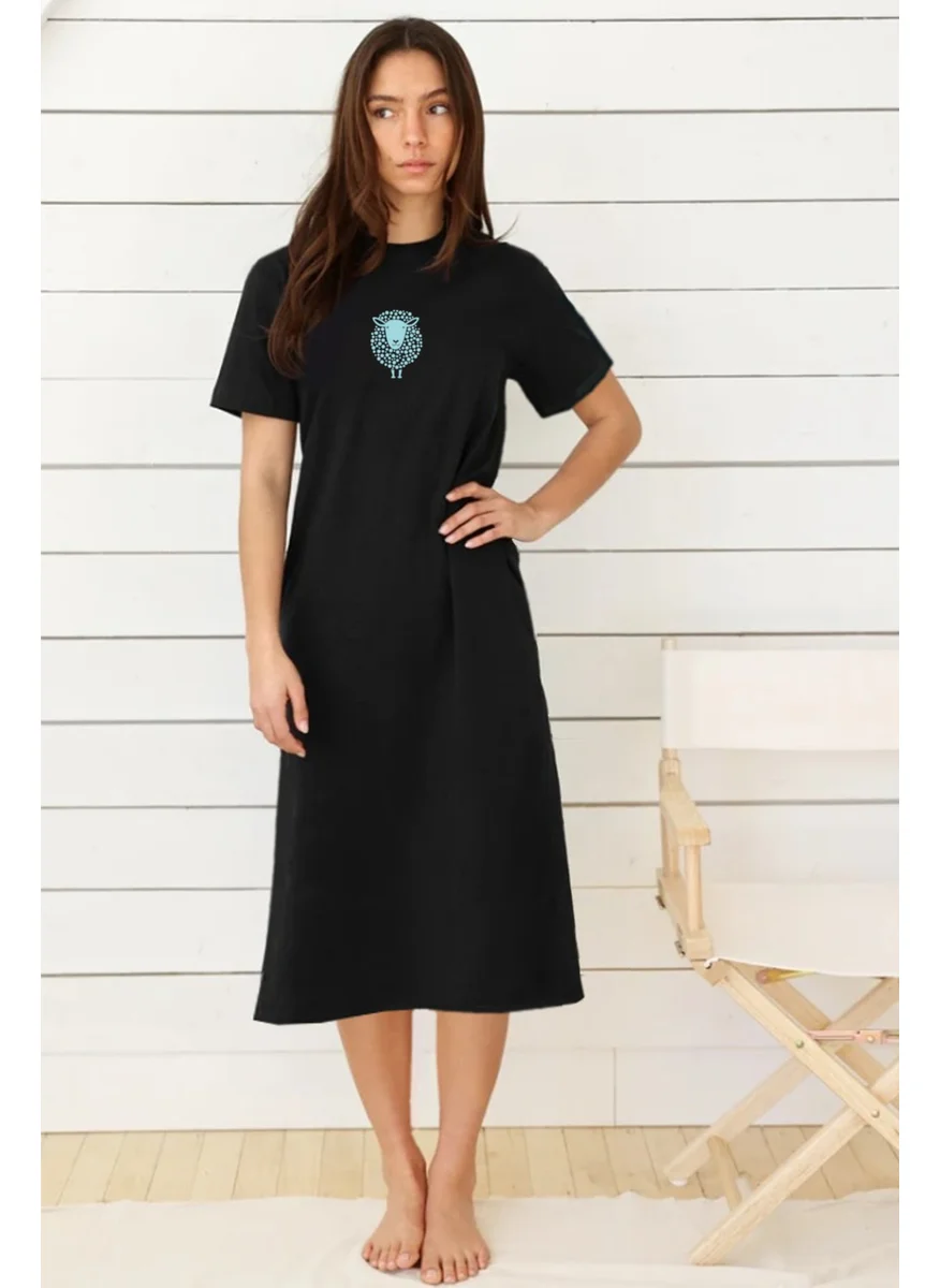 Rock&Roll Spotted Lamb Black Short Sleeve Combed Cotton Long Dress