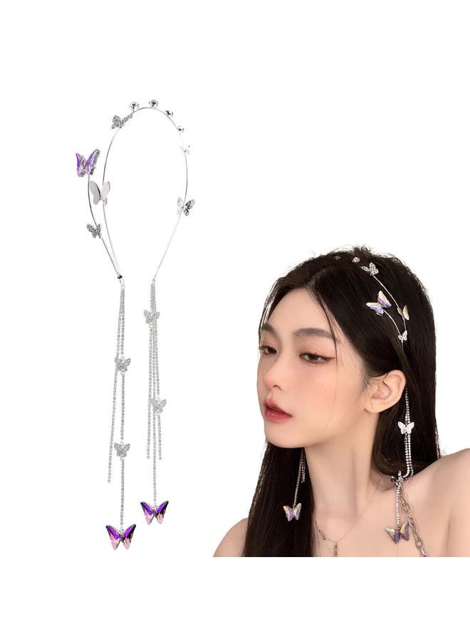 DonLeeving Silver Wedding Butterfly Headband Crystal Tassel Headband for Women Sparkly Rhinestone Fake Earrings Hair Chain Hairhoop Hair Accessories for Women and Girls  - Image 1