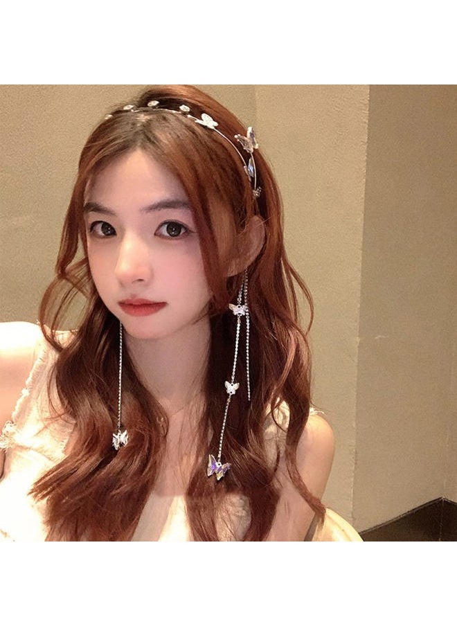 DonLeeving Silver Wedding Butterfly Headband Crystal Tassel Headband for Women Sparkly Rhinestone Fake Earrings Hair Chain Hairhoop Hair Accessories for Women and Girls  - Image 4