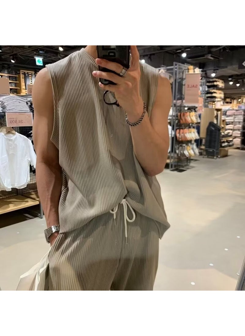 Generic American Style Mens Sports Vest Without Sleeves Trendy Brand Fitness Summer Shoulder Vest For Training And Muscle Showing Sweat apricot [a vest and pants]] 