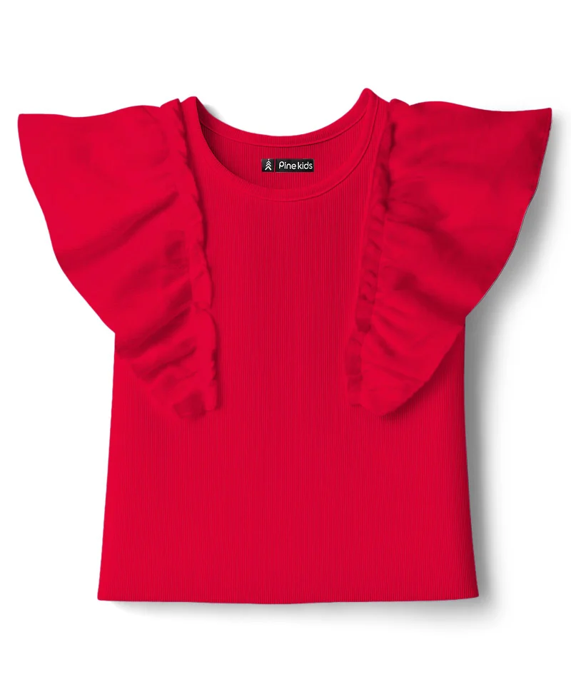 Pine Kids Pine Kids Cotton Knit Half Flutter Sleeves Solid Color Top - Red