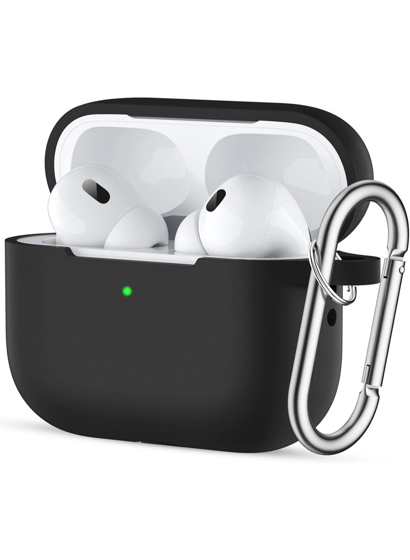 For AirPods Pro 2 Case Cover (2022), Full Body Protective Silicone Case Compatible with Apple AirPods Pro 2nd Generation, Shockproof Anti-Scratch Cover with Carabiner, Front LED Visible – Black - Image 1