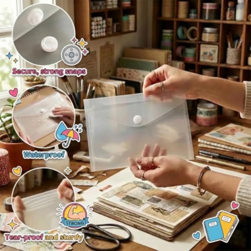 12 Pack Plastic Envelopes File Folders, 6.3x4.5 Inch Clear Folders with Snap Button Closure, Waterproof Small Document Organizer for Sticker Storage, Scrapbooking, Washi Tape and Office Supplies - Image 4