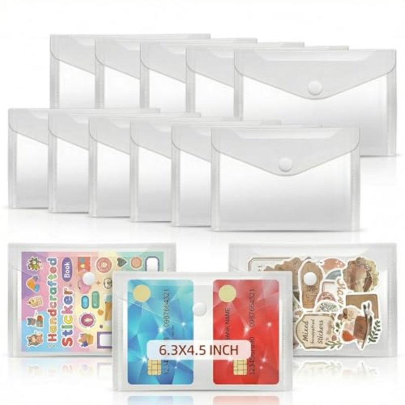 12 Pack Plastic Envelopes File Folders, 6.3x4.5 Inch Clear Folders with Snap Button Closure, Waterproof Small Document Organizer for Sticker Storage, Scrapbooking, Washi Tape and Office Supplies - Image 1