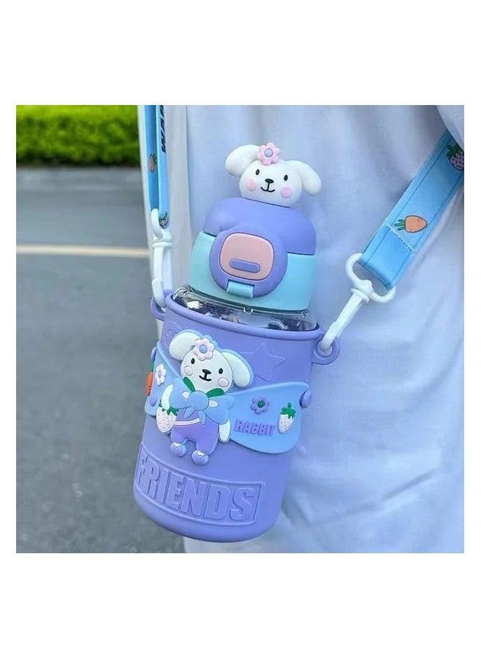 QSHOP - QSHOP® Kids Water Bottle for School with Straw, Reusable Plastic 600ml Water Bottle with Shoulder Strap and Silicone Cup Holder, Suitable for Sports, School, Girls and Boys - Image 1