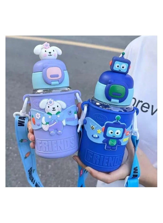 QSHOP - QSHOP® Kids Water Bottle for School with Straw, Reusable Plastic 600ml Water Bottle with Shoulder Strap and Silicone Cup Holder, Suitable for Sports, School, Girls and Boys - Image 1