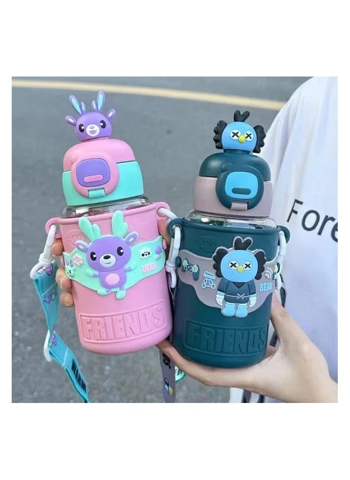 QSHOP - QSHOP® Kids Water Bottle for School with Straw, Reusable Plastic 600ml Water Bottle with Shoulder Strap and Silicone Cup Holder, Suitable for Sports, School, Girls and Boys - Image 1