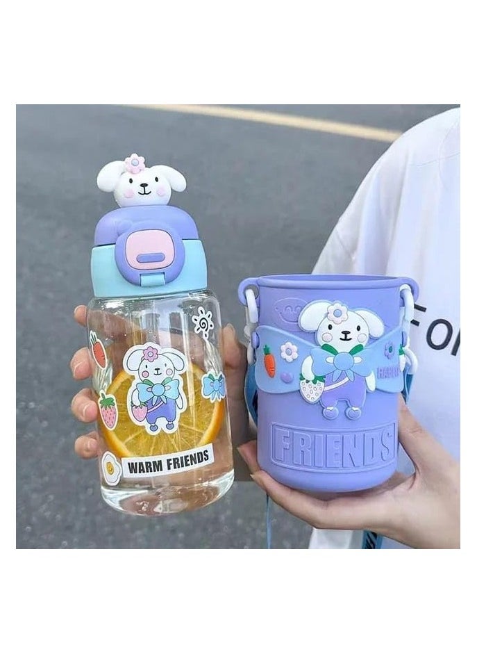 QSHOP - QSHOP® Kids Water Bottle for School with Straw, Reusable Plastic 600ml Water Bottle with Shoulder Strap and Silicone Cup Holder, Suitable for Sports, School, Girls and Boys - Image 1