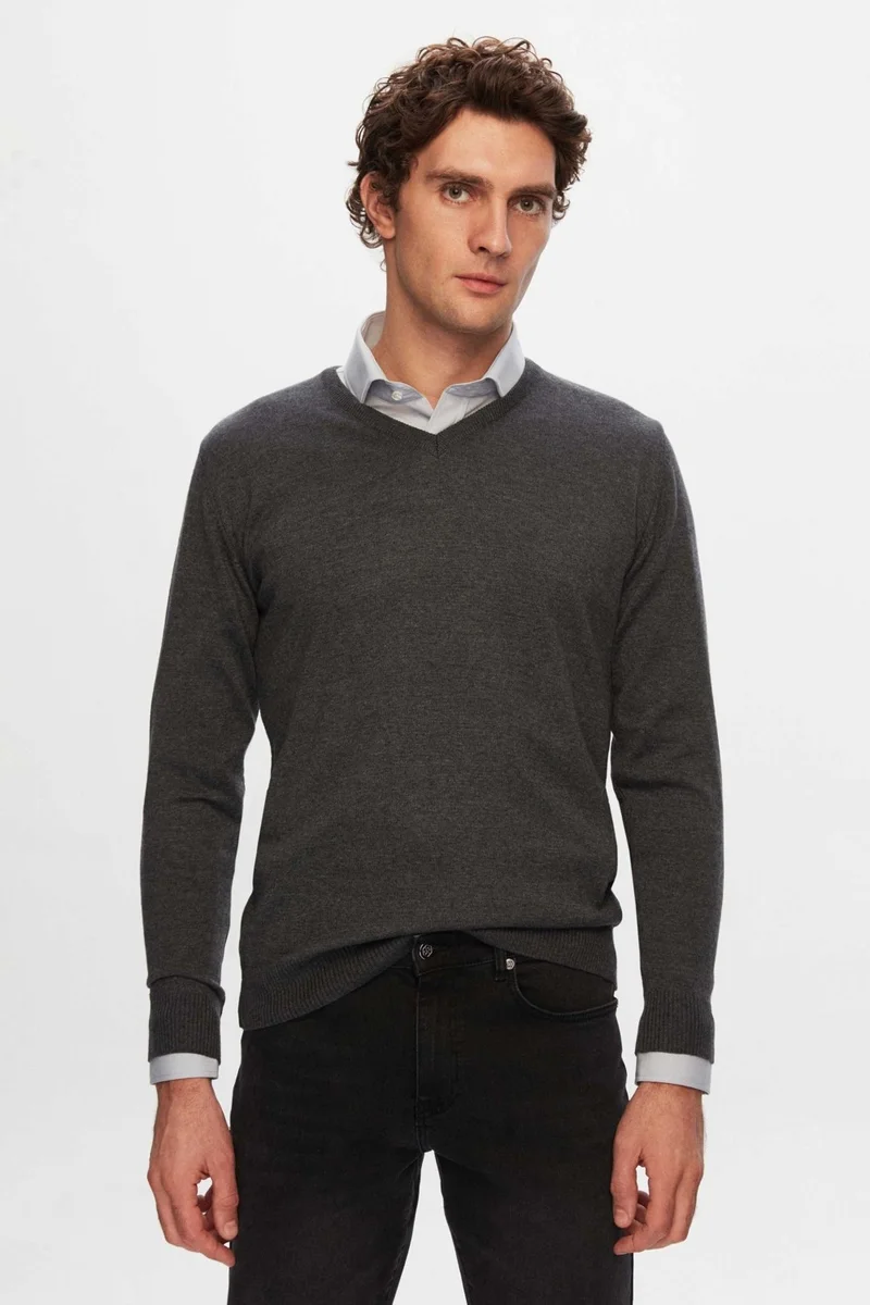 D'S DAMAT D'S Groom Ds Groom Slim Fit Anthracite Cotton Blend 2-Piece V Neck Knitwear and Shirt