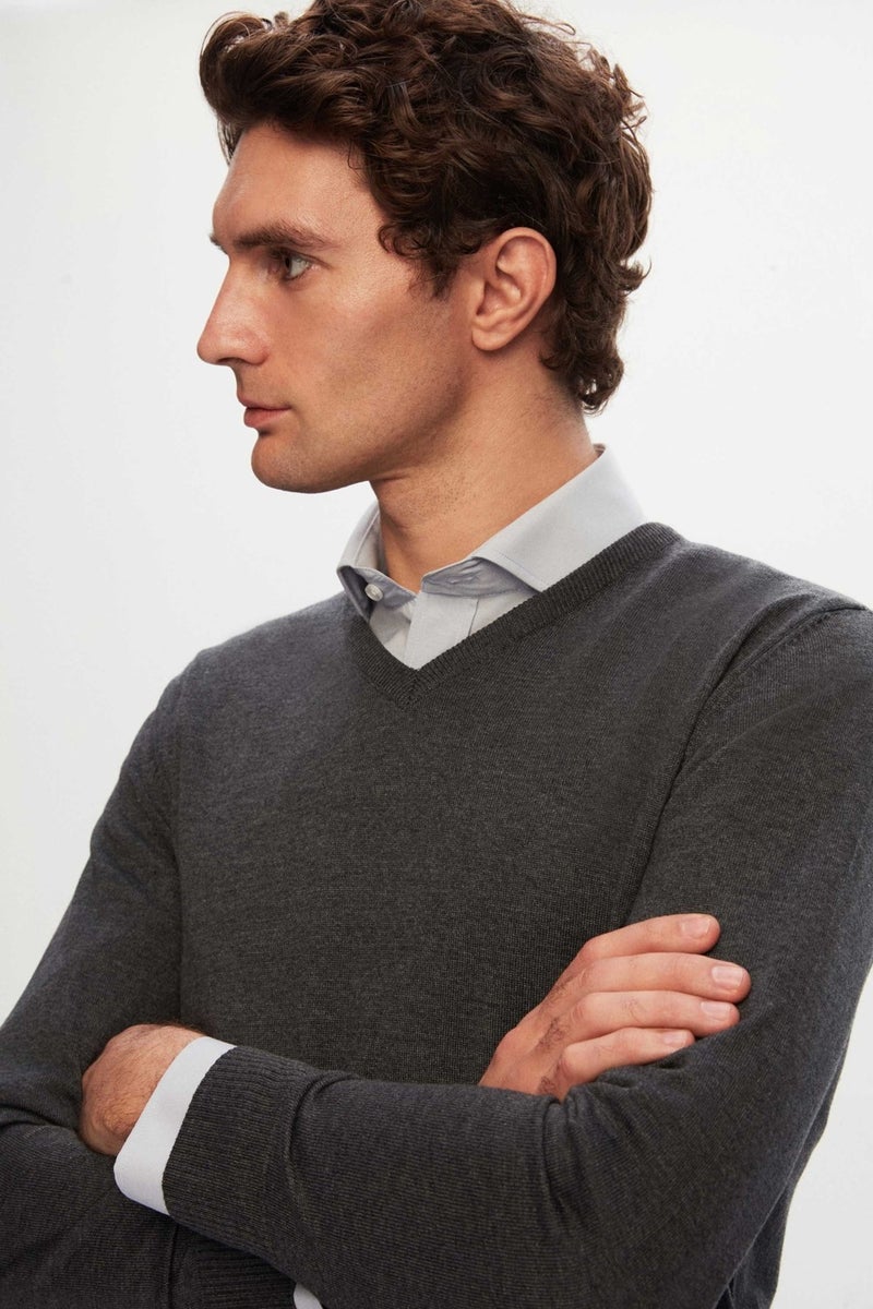 D'S DAMAT D'S Groom Ds Groom Slim Fit Anthracite Cotton Blend 2-Piece V Neck Knitwear and Shirt - Image 3