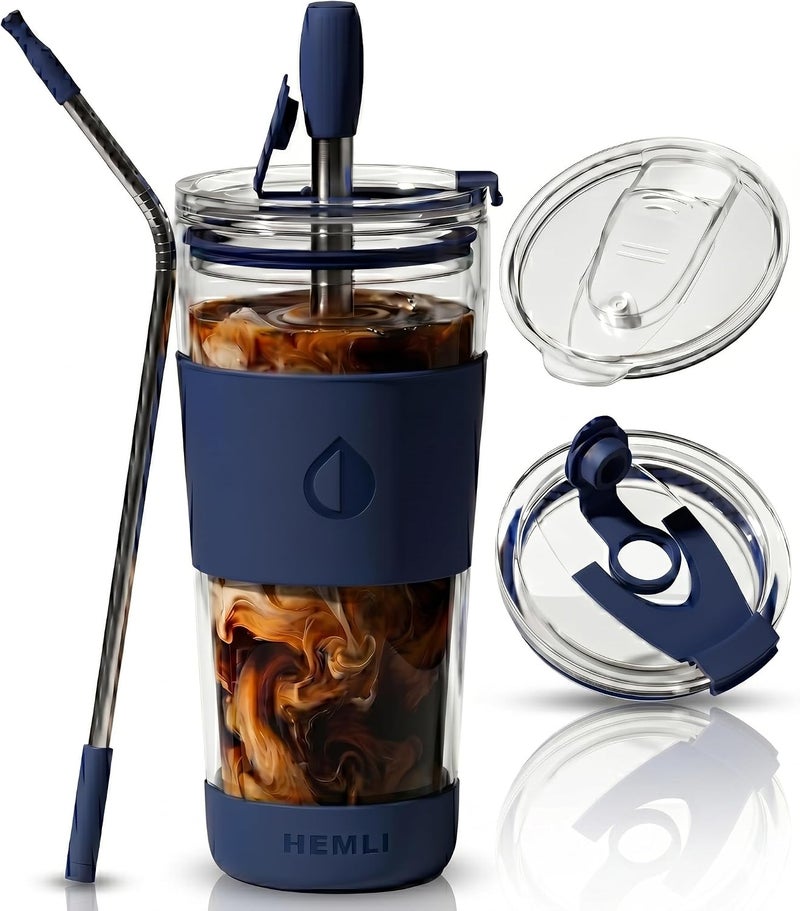 Hemli 19 oz. Clear Double Wall Glass Coffee Tumbler, To Go Glass Travel Mug with Lid, Portable with Straw, Reusable Cup Tea, Smoothies, Ice Coffee, and Boba (Blue) - Image 1