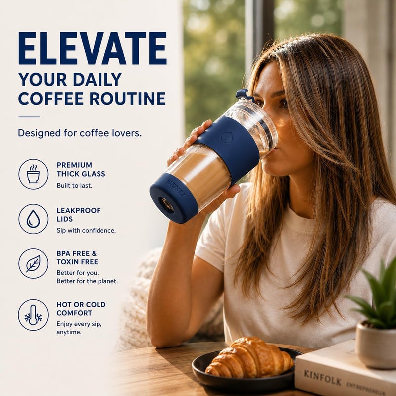 Hemli 19 oz. Clear Double Wall Glass Coffee Tumbler, To Go Glass Travel Mug with Lid, Portable with Straw, Reusable Cup Tea, Smoothies, Ice Coffee, and Boba (Blue) - Image 3