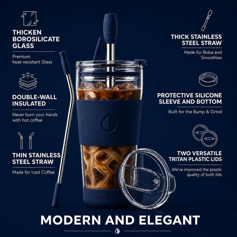Hemli 19 oz. Clear Double Wall Glass Coffee Tumbler, To Go Glass Travel Mug with Lid, Portable with Straw, Reusable Cup Tea, Smoothies, Ice Coffee, and Boba (Blue) - Image 2