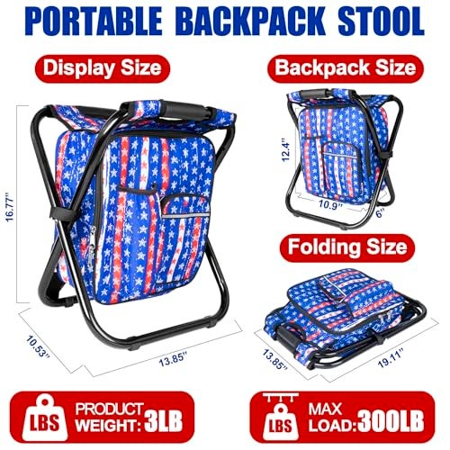 Kikerike Backpack Stool Cooler Chair Heavy Duty 300 LBS Max Load Portable Lightweight Stool Backpack Folding Fishing Cooler Seat for Camping Hunting Fishing American Flag - Image 3
