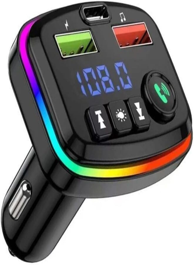 18W PD Car Charger FM Transmitter, Bluetooth MP3 Player Wireless Radio Adapter Kit FM Transmitter, Hands-Free Calling, 2 USB Port+Type-C, charger support micro sd card/Key Card (J-10)